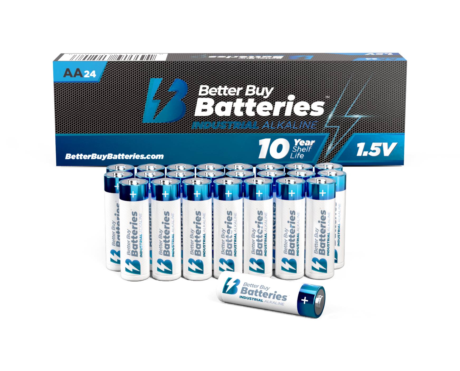 Better Buy Batteries AA box with 24 industrial alkaline batteries